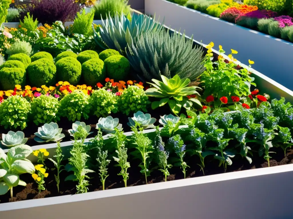 Vista detallada de un próspero huerto urbano, con vegetación exuberante, flores coloridas y hortalizas en camas elevadas