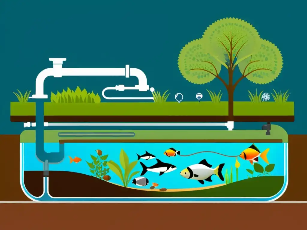 Vista detallada de un sistema acuapónico cerrado en 8k, resaltando el ciclo del nitrógeno y la simbiosis entre peces y plantas