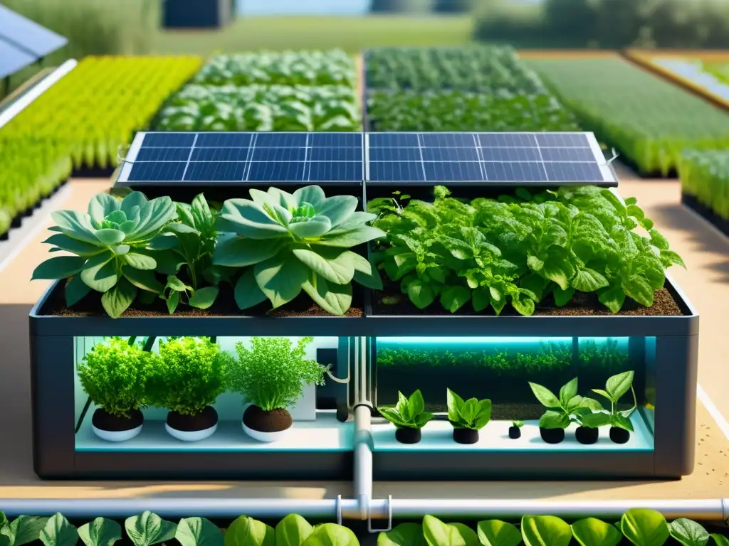 Vista detallada de sistema de acuaponía moderno con energías renovables y exuberante vegetación, innovación ecofriendly en control climático