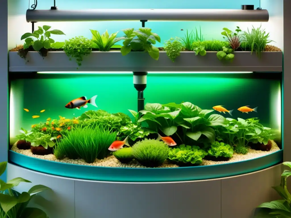 Vista detallada de un sistema de acuaponía moderno con plantas exuberantes y peces prósperos, destacando el manejo sostenible de residuos acuaponía