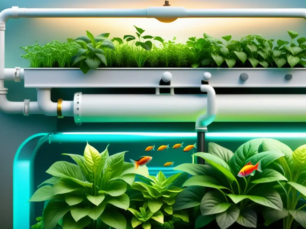 Vista detallada de un sistema moderno de acuaponía, integrando plantas exuberantes y peces vibrantes