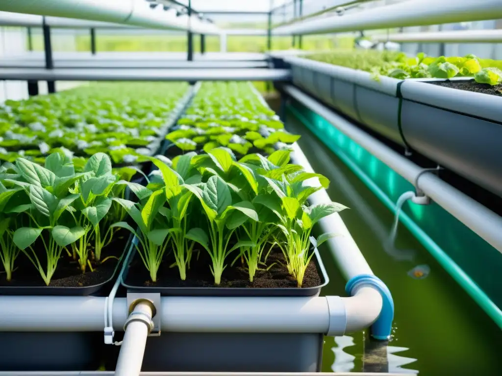 Vista detallada de un sistema de acuaponía urbana moderna con monitoreo de nutrientes, conectando plantas verdes y peces en contenedores