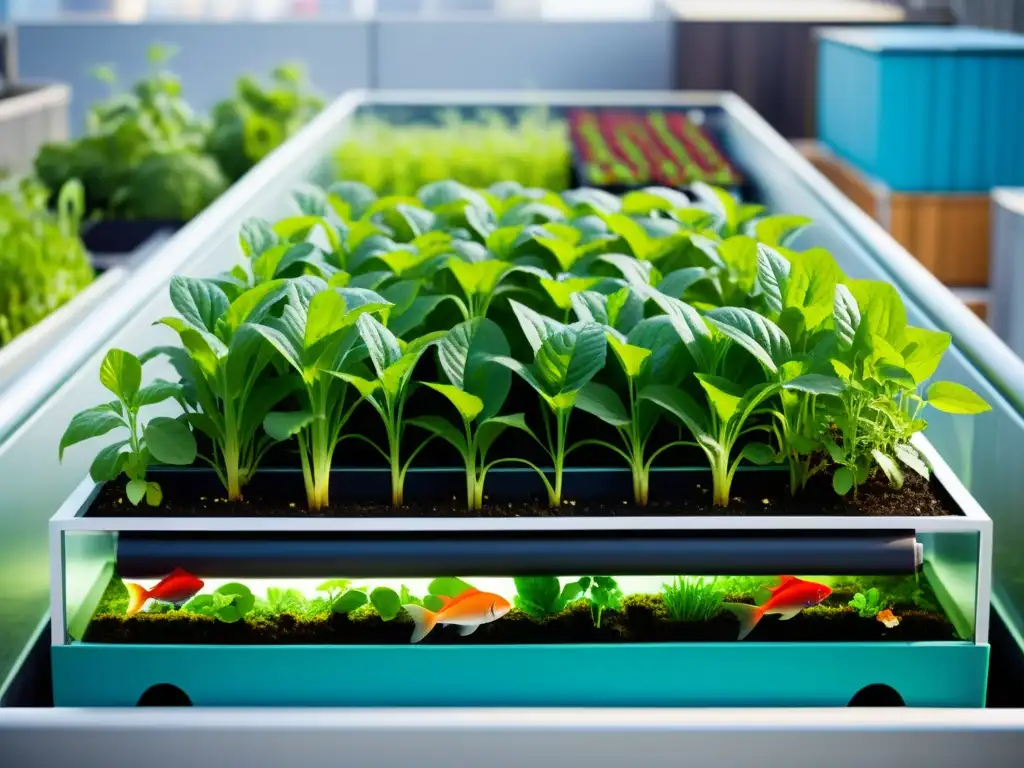 Vista detallada de un sistema de acuaponía urbana, con plantas verdes y peces coloridos