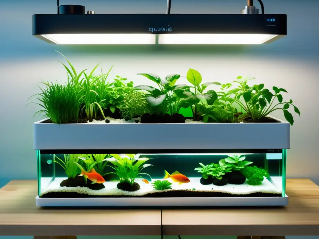 Vista detallada de un sistema de acuaponía urbana moderno con diseño minimalista, peces vibrantes y verdor exuberante