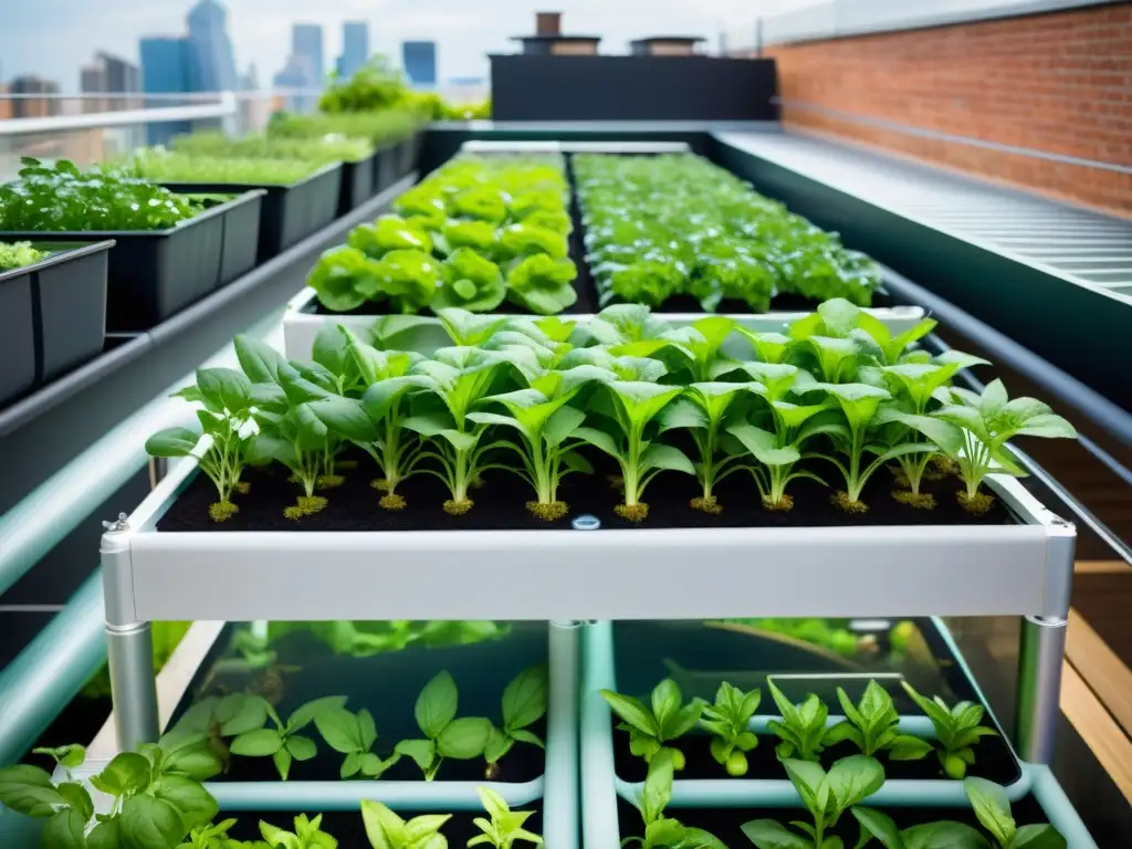 Una vista detallada de un jardín urbano en la azotea con un sistema de acuaponía