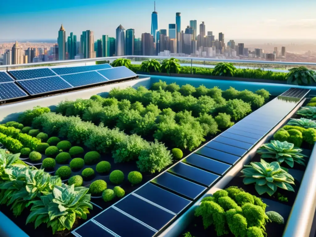 Vista detallada de un jardín urbano futurista con tecnología de vanguardia y la ciudad al fondo