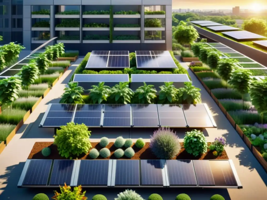 Vista detallada de jardín urbano futurista con vegetación exuberante e integración de paneles solares