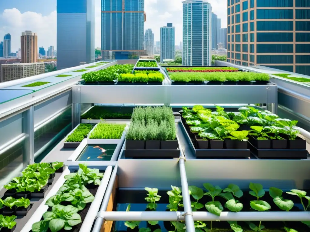 Vista detallada de un jardín urbano moderno con acuaponía para huertos urbanos, en contraste con edificios altos de la ciudad