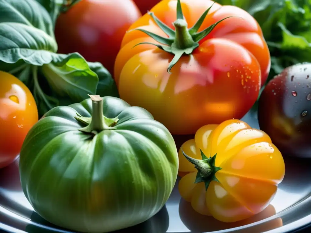 Vista detallada de vegetales orgánicos recién cosechados, con tomates heirloom, lechuga y zanahorias, resaltando la belleza natural y los beneficios mentales de cultivar alimentos orgánicos en entornos urbanos