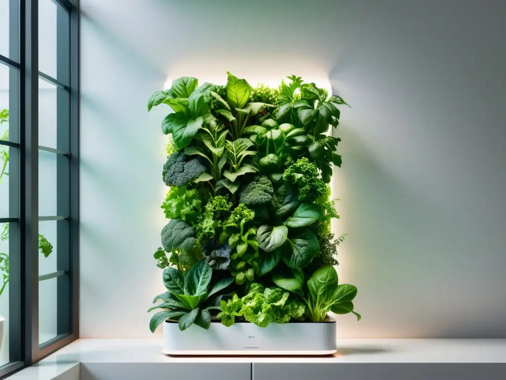 Vista detallada en 8k de un jardín vertical interior moderno y elegante con vegetales orgánicos