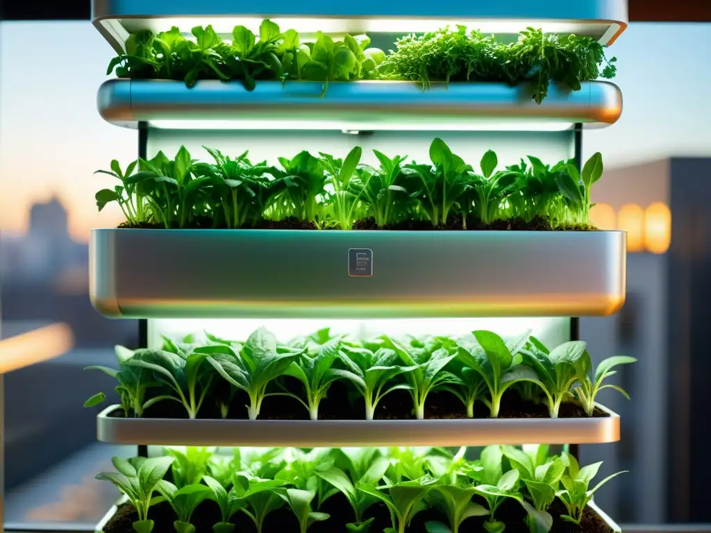 Una vista detallada de un jardín hidropónico vertical con microvegetales vibrantes en agricultura urbana, bañado por la cálida luz dorada