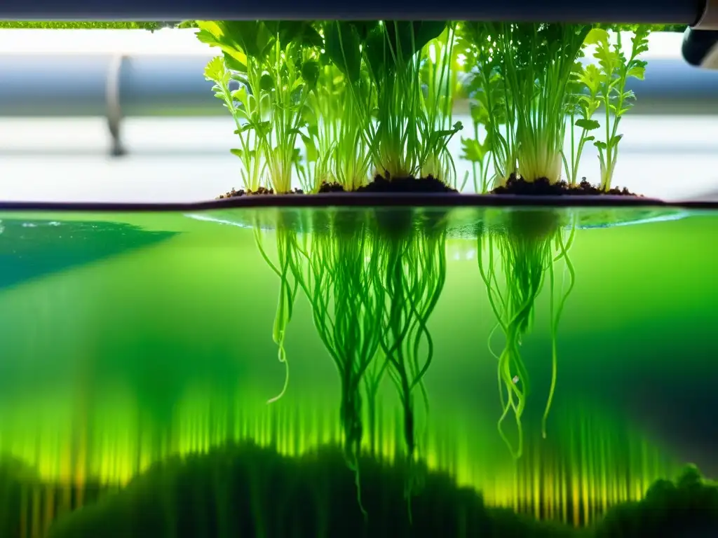 Vista detallada de un vibrante bloom de algas verdes en un sistema de acuaponía controlado