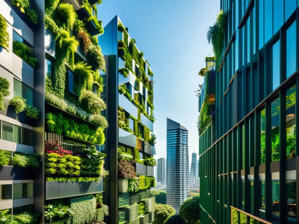 Vista espectacular de huertos verticales urbanos, fusionando naturaleza y arquitectura en un paisaje futurista lleno de vida