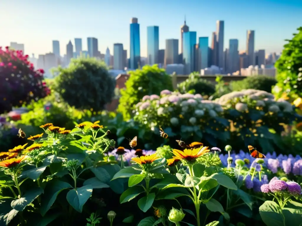 Vista de un exuberante y diverso jardín urbano, con polinización cruzada en huertos urbanos