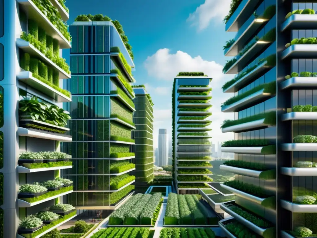 Vista futurista de una ciudad con agricultura vertical en ciudades urbanas, integrando rascacielos con granjas verticales y tecnología sostenible