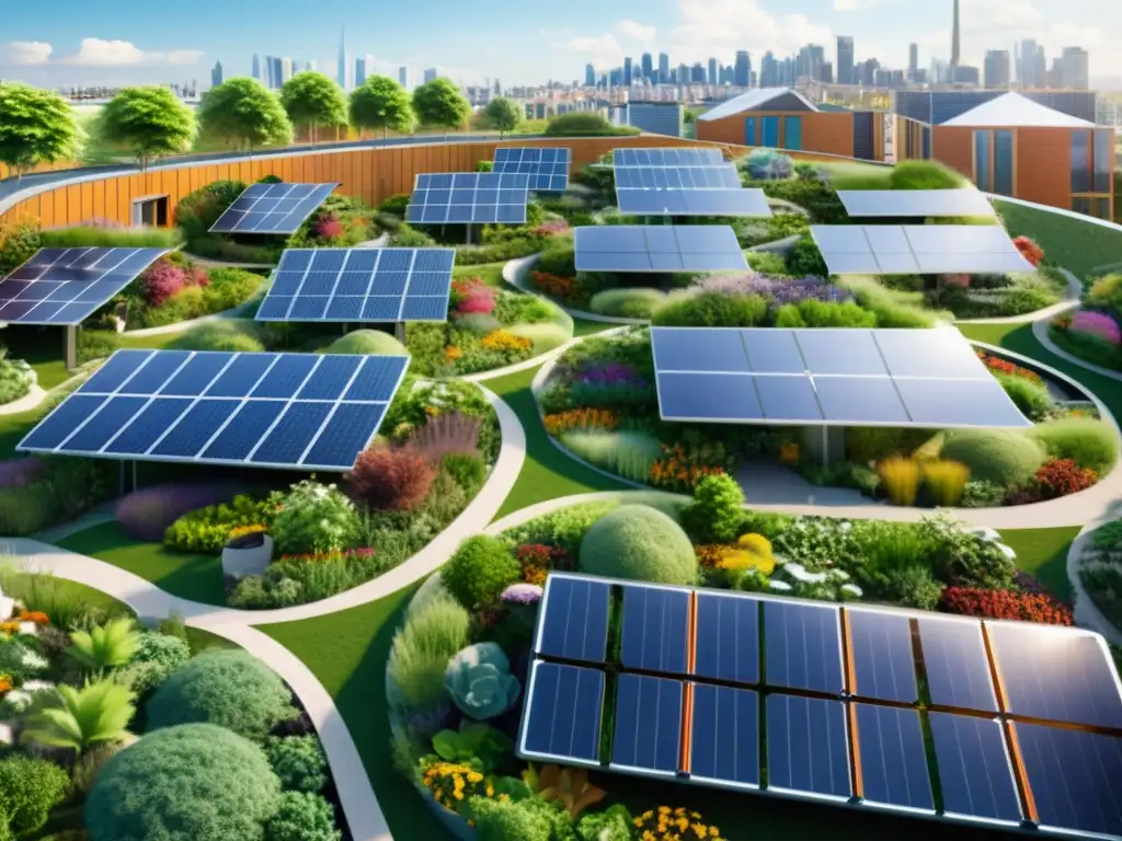 Vista futurista de una ciudad con economía circular permacultura urbana, techos verdes, jardines verticales y energía renovable