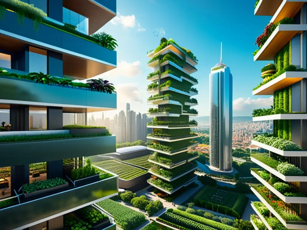 Vista futurista de ciudad con rascacielos y huertos verticales, integrando agricultura urbana sostenible