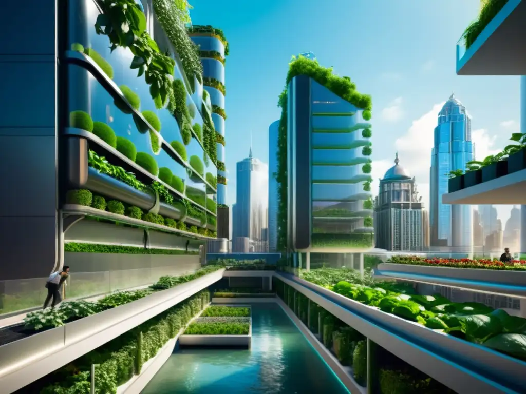 Vista futurista de huertos verticales, sistemas acuaponía y agricultura urbana en rascacielos ecoamigables