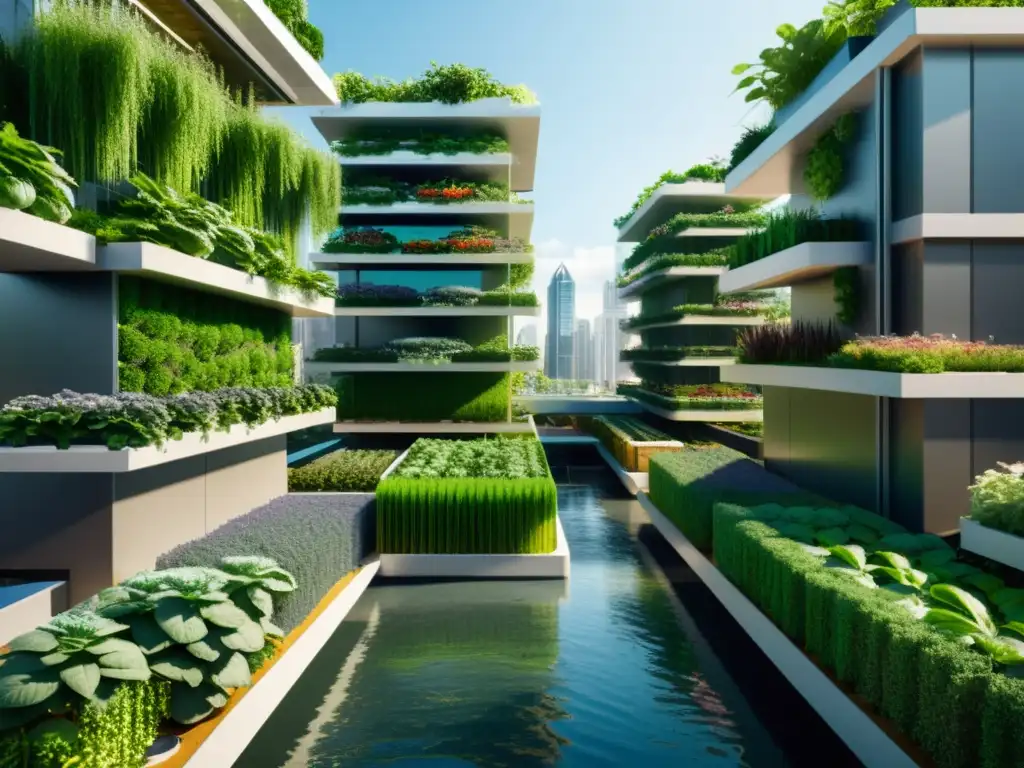 Vista futurista de la integración aguas grises acuaponía urbana en un paisaje urbano con rascacielos y jardines verticales