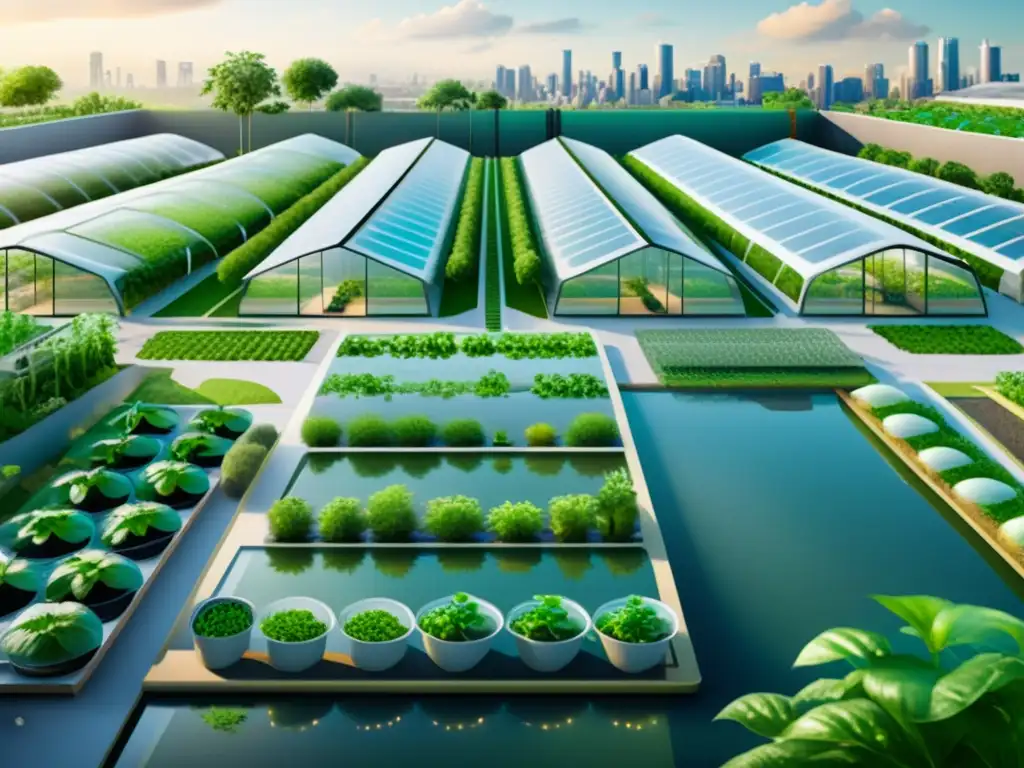 Futuro urbano: paisaje agrícola con tecnología innovadora Vista futurista de integración de acuaponía en permacultura en paisaje agrícola urbano 8k