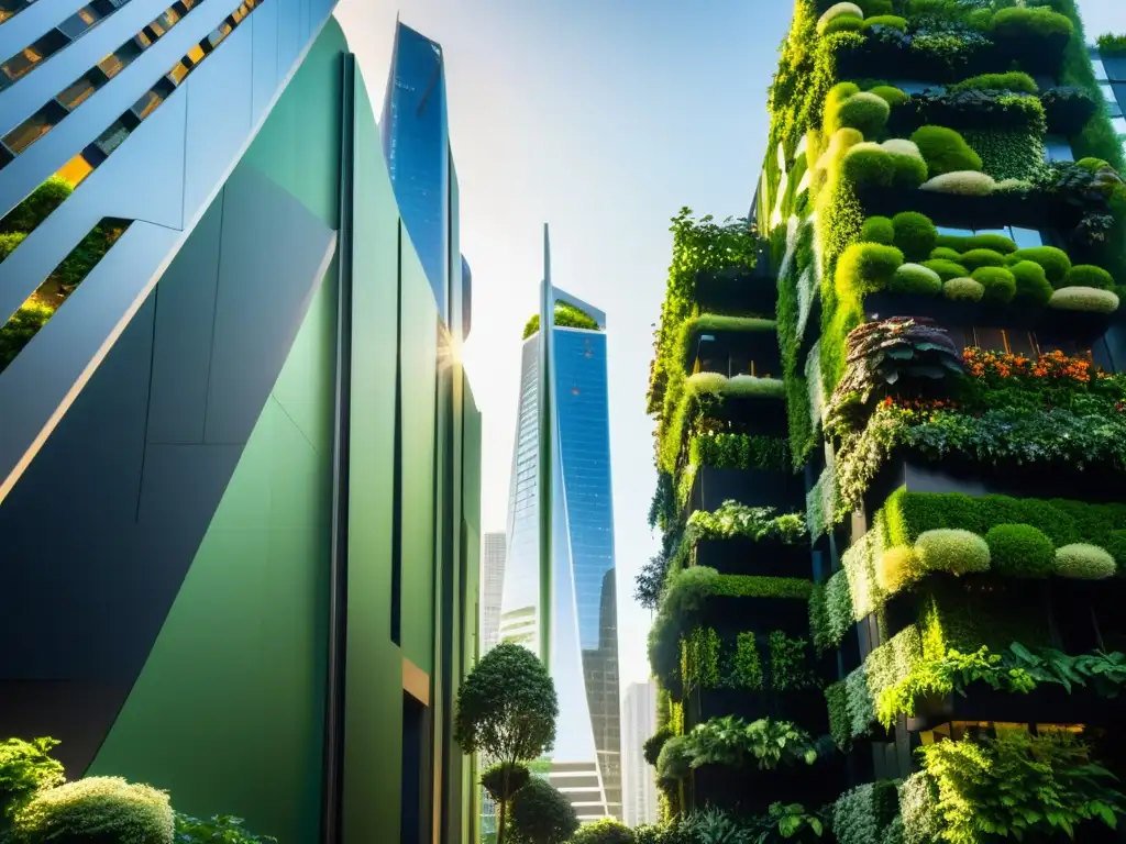Vista futurista de rascacielos con huertos verticales, contrarrestando la contaminación del suelo urbano con exuberante vegetación