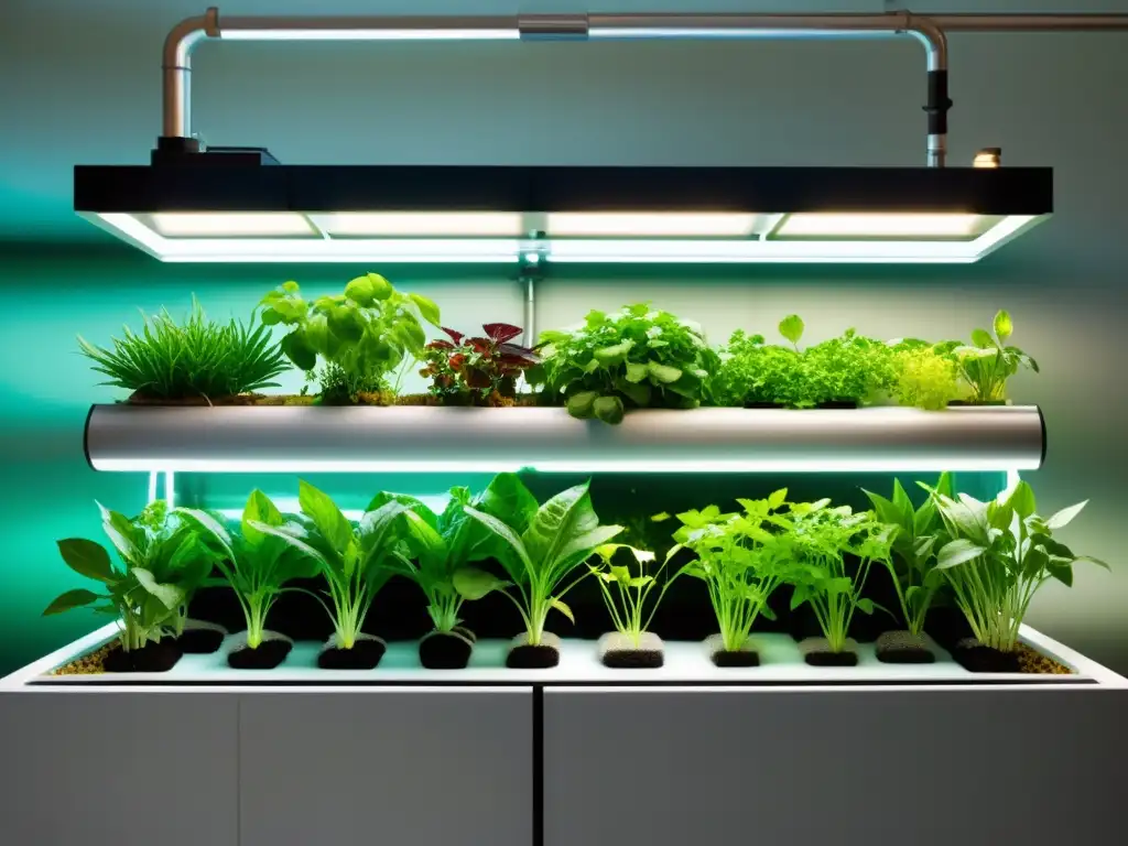 Una vista futurista de un sistema de acuaponía urbana con verduras y peces, promoviendo la seguridad alimentaria con acuaponía urbana