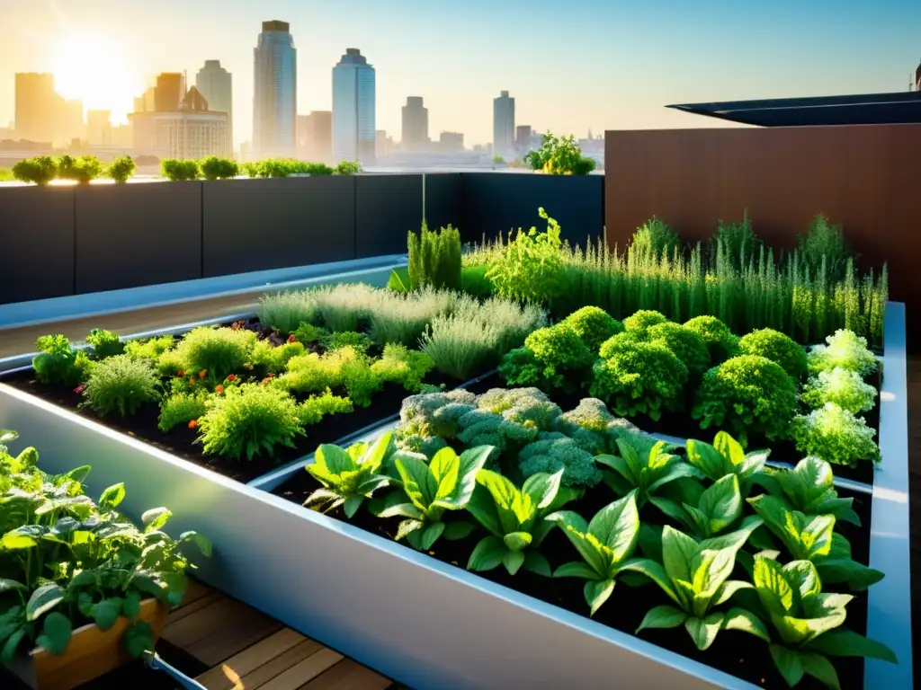 Vista de un huerto urbano con riego ecológico, lleno de vegetales, frutas y hierbas