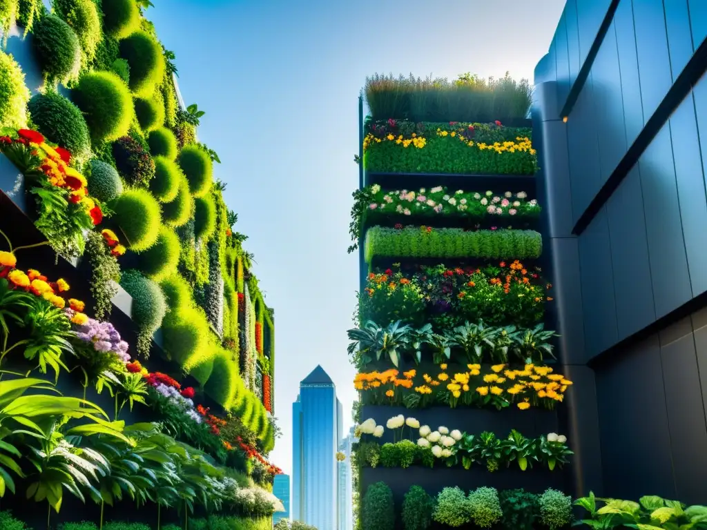 Vista de huerto vertical en la ciudad, impacto positivo de la naturaleza en entorno urbano