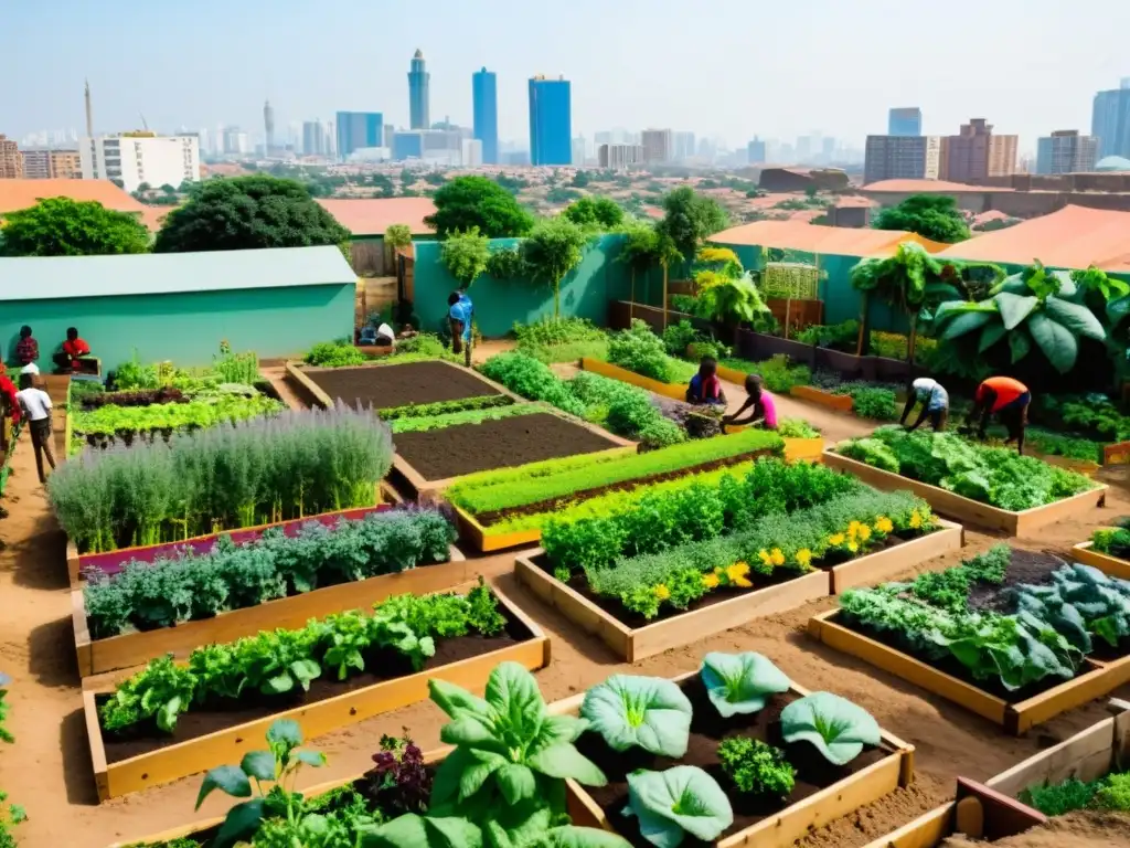 Vista de huertos comunitarios en África, con gente cuidando plantas en un entorno urbano vibrante y sostenible