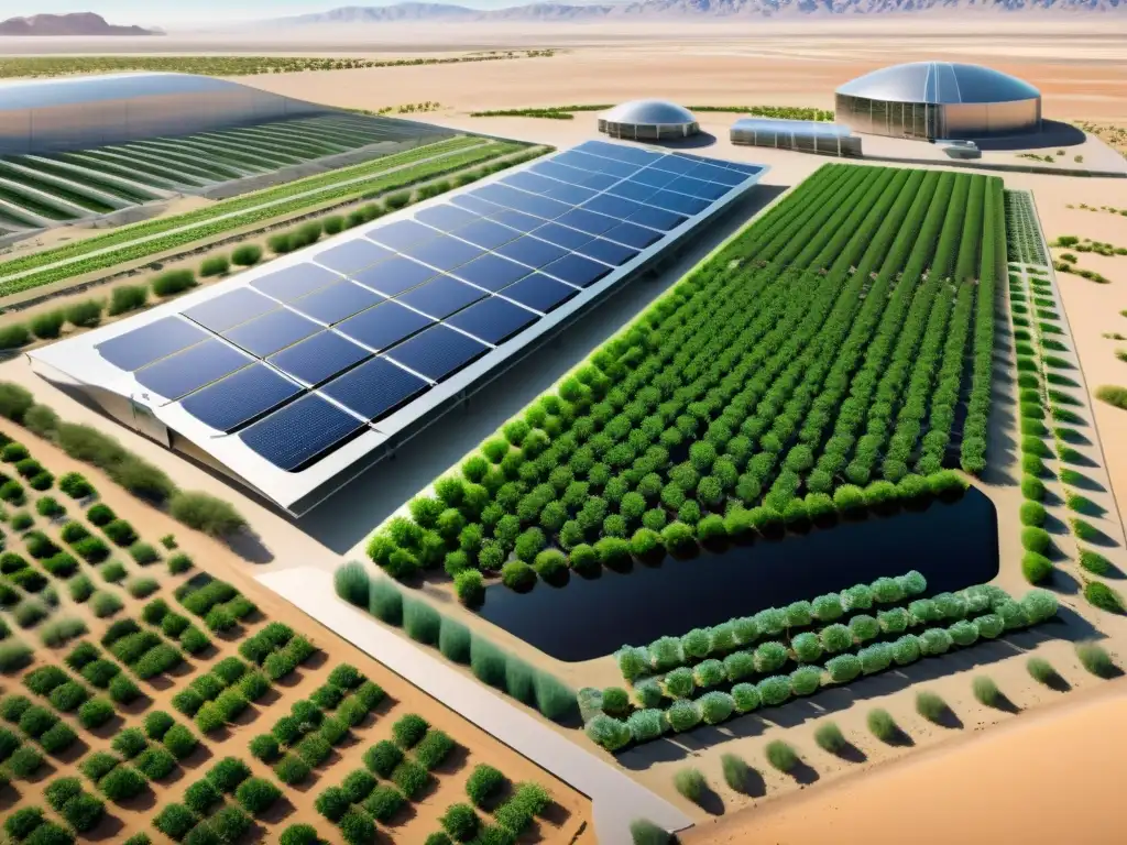 Vista impactante de agricultura urbana en zonas desérticas, con invernaderos y tecnologías sostenibles en medio del árido paisaje