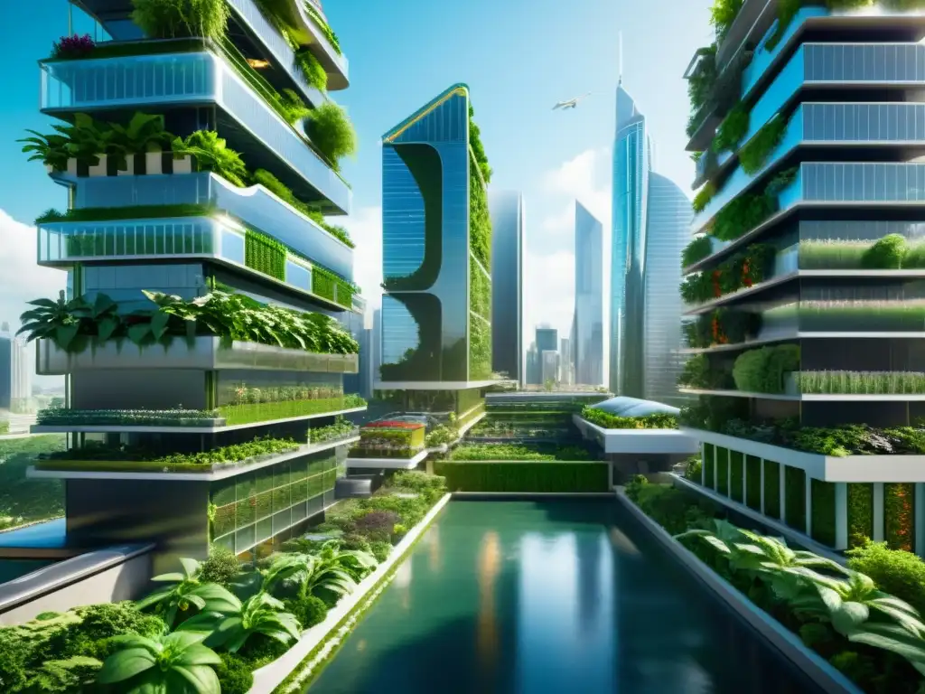 Vista impactante de una ciudad futurista con rascacielos verdes y sistemas de agricultura vertical