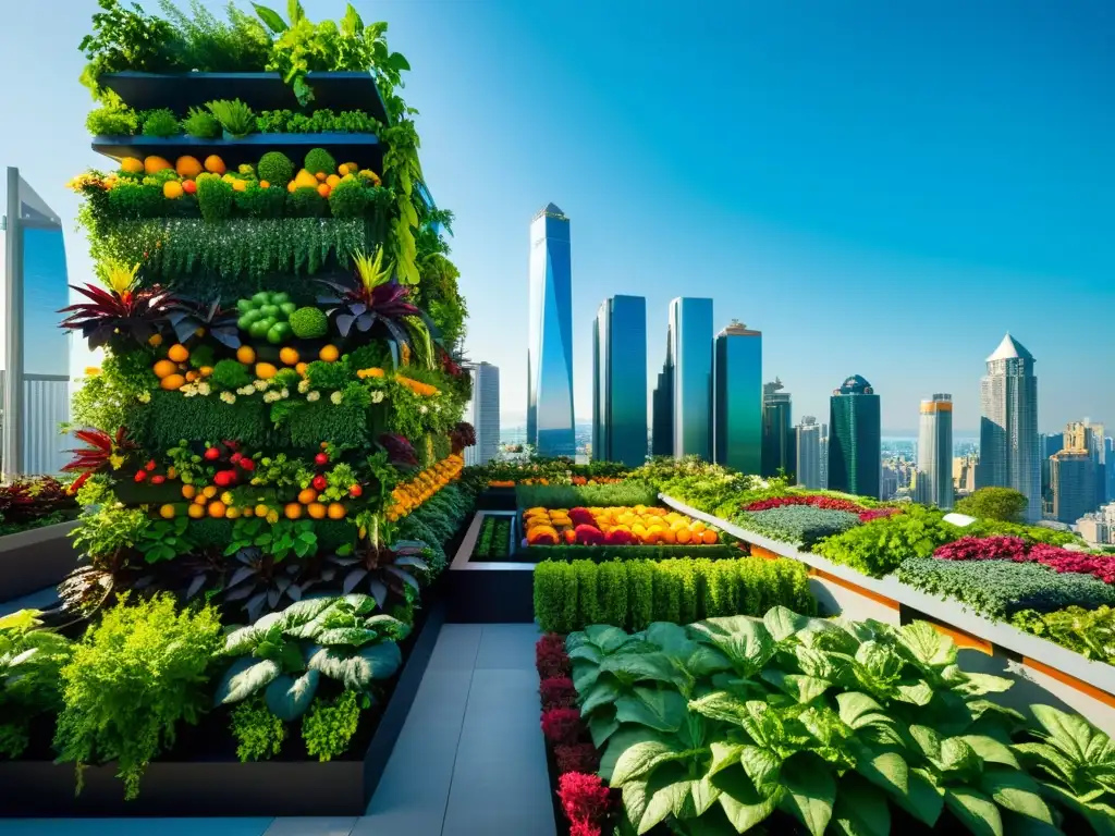 Vista impactante de huertos verticales en una ciudad moderna, fusionando naturaleza y arquitectura