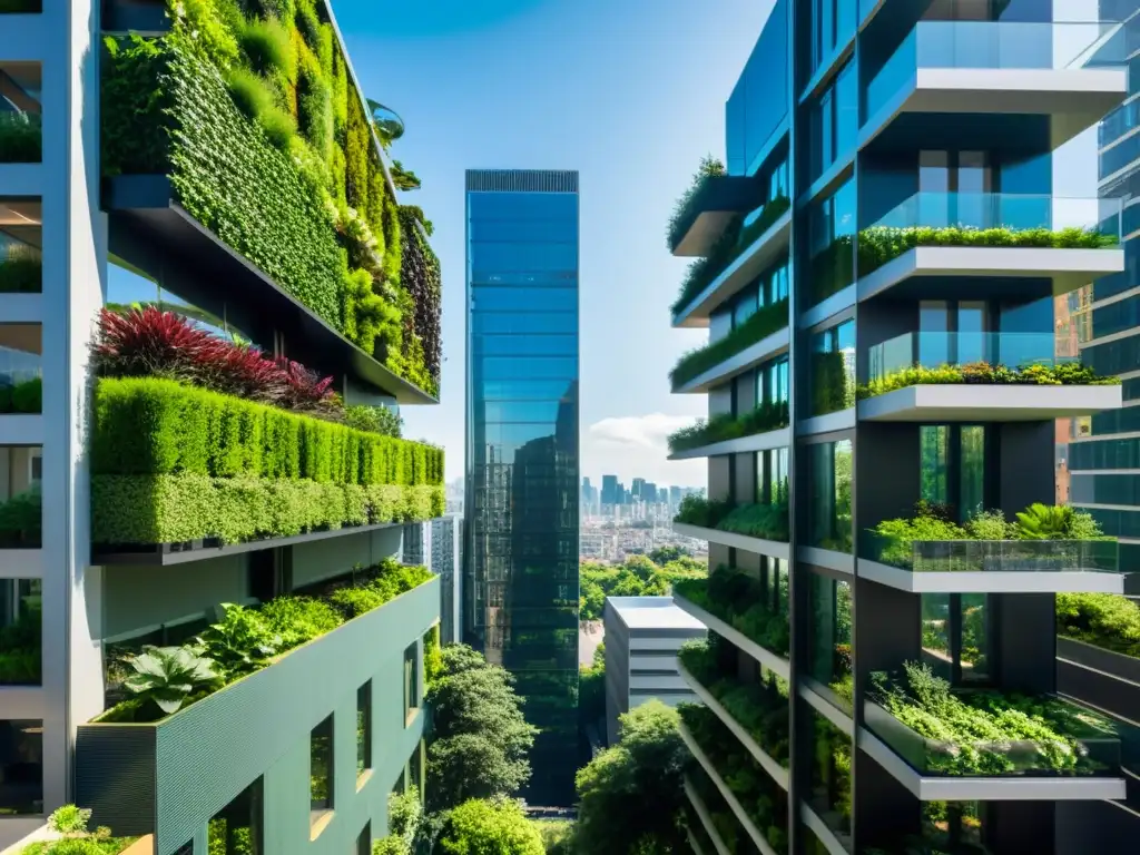 Vista impactante de huertos verticales en la ciudad, integrados en edificios modernos, aportando un impacto positivo con su exuberante vegetación