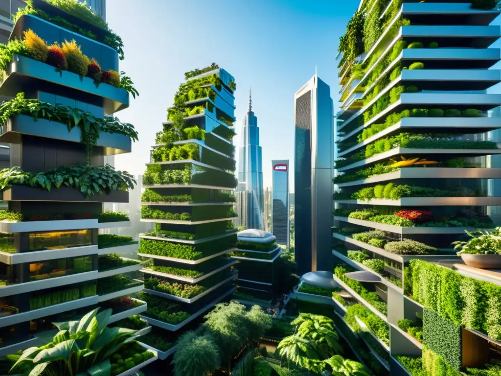 Vista impactante de huertos verticales integrados en un paisaje urbano futurista, destacando los beneficios ambientales de huertos verticales