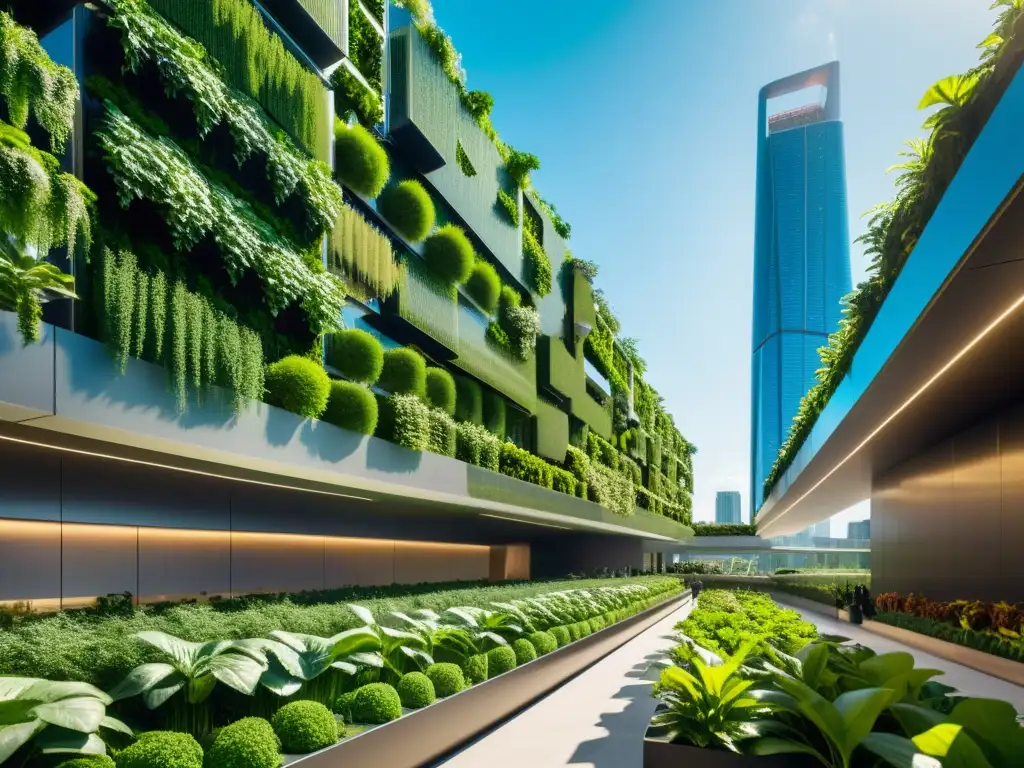 Vista de la importancia de espacios verdes urbanos en un paisaje futurista con rascacielos y jardines verticales integrados en la arquitectura