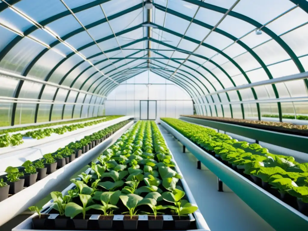 Vista impresionante de una acuaponía en climas fríos, con invernadero de alta tecnología y exuberante vegetación bajo luz natural