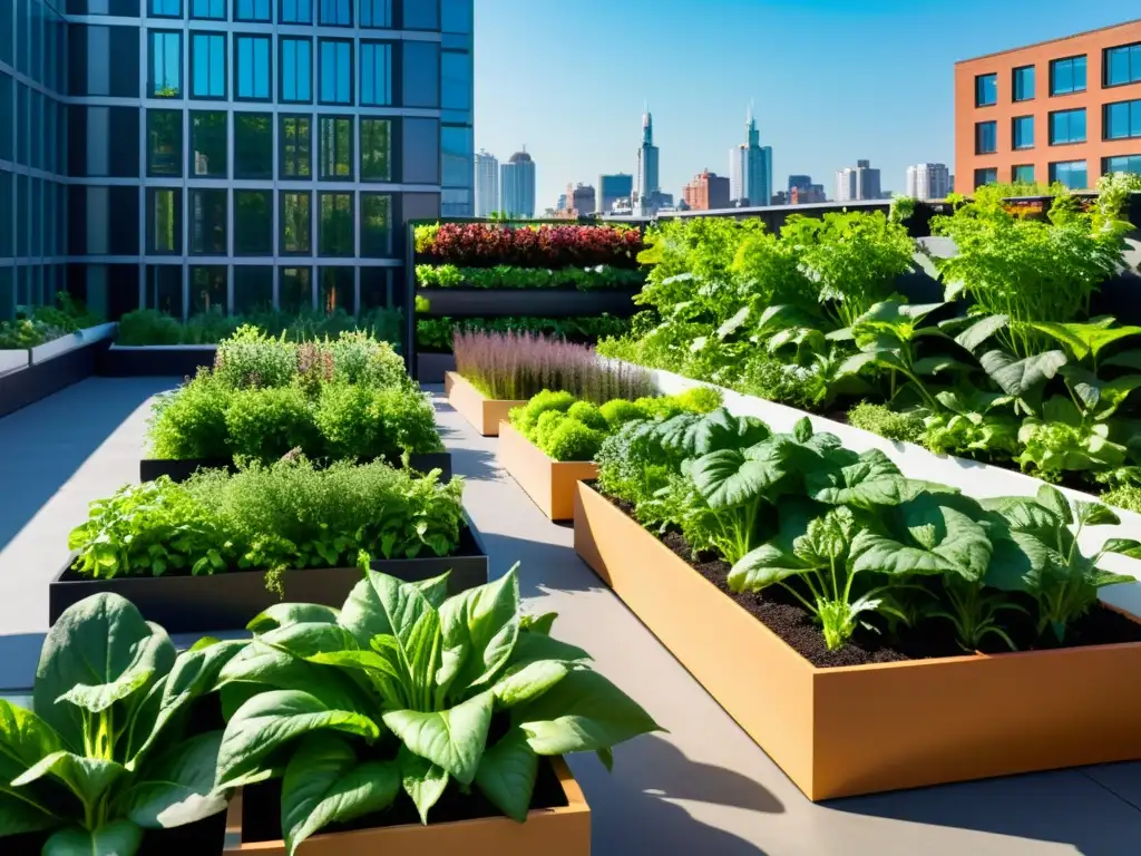 Vista impresionante de un bullicioso jardín urbano en la azotea, rebosante de vegetación exuberante y hortalizas vibrantes en maceteros verticales