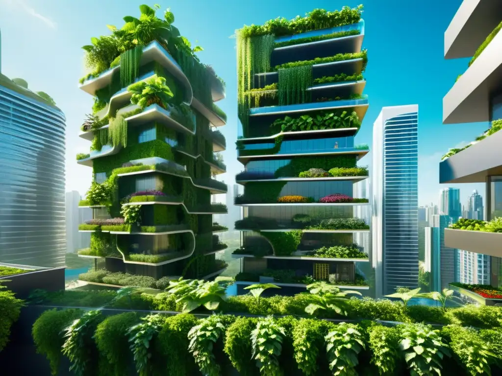 Vista impresionante de una ciudad futurista con agricultura urbana, reducción de emisiones y lucha contra el cambio climático