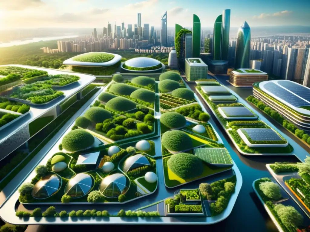 Vista impresionante de una ciudad futurista con tecnologías verdes para acuaponía urbana, integrando rascacielos y vegetación