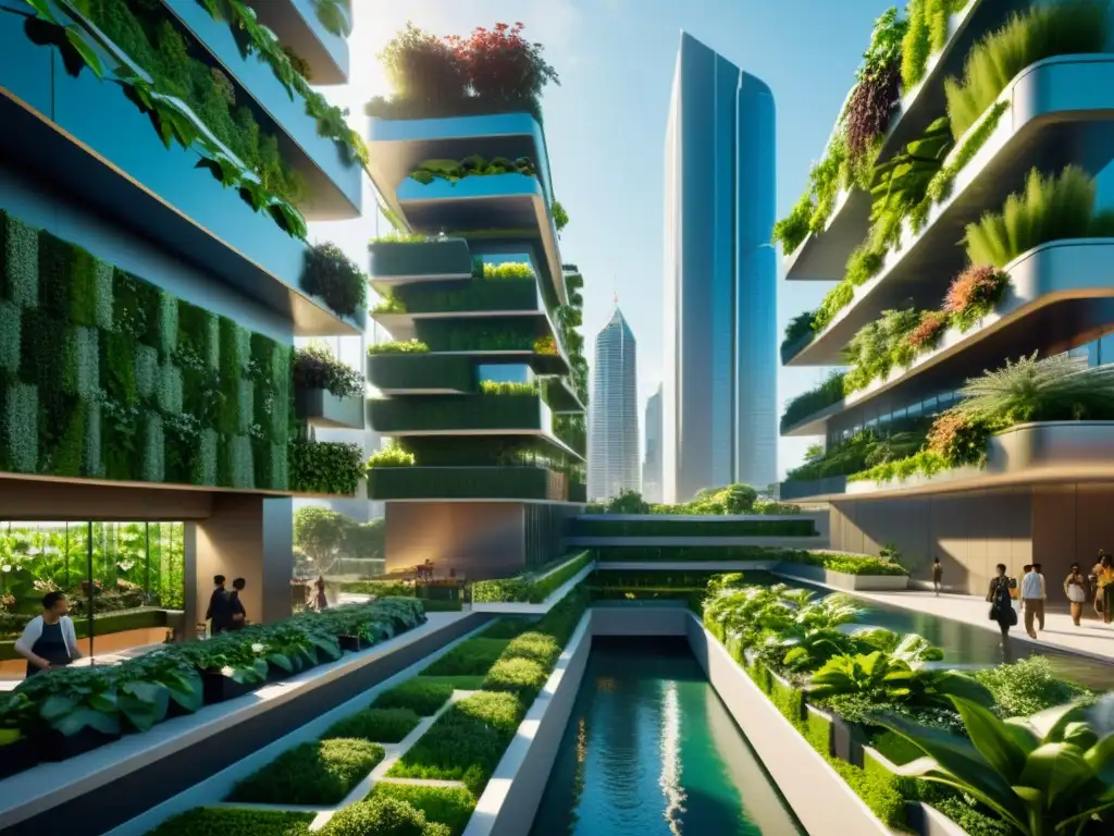 Vista impresionante de una ciudad futurista con huertos verticales, sistemas acuaponía y una arquitectura moderna que fusiona naturaleza y tecnología