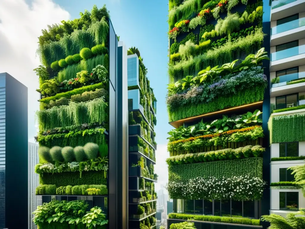 Vista impresionante de una ciudad moderna transformada por huertos verticales, mostrando una fusión armoniosa de naturaleza y arquitectura