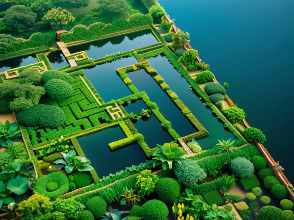 Vista impresionante de jardines flotantes aztecas, con sistemas acuaponía para agricultura urbana, canales intrincados y exuberante vegetación verde