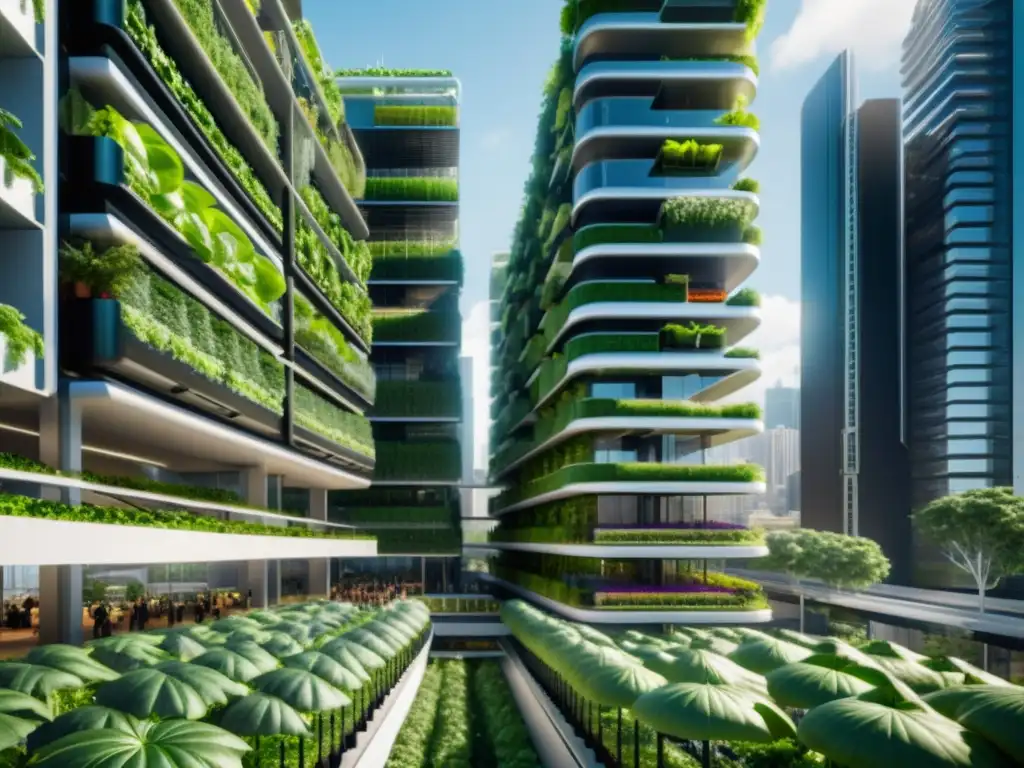 Vista impresionante de una granja vertical futurista en una ciudad urbana, armonizando agricultura vertical en ciudades urbanas