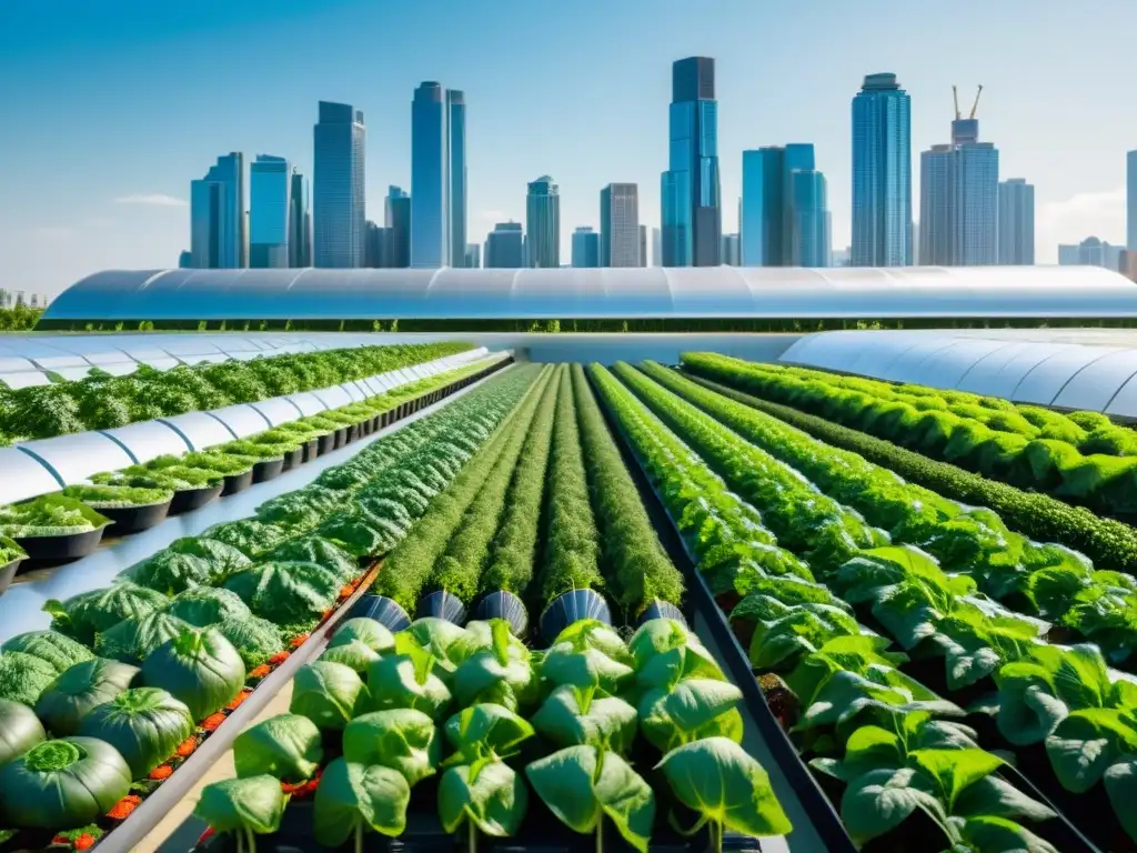 Vista impresionante de granja vertical urbana con rascacielos al fondo, mostrando la innovación de la agricultura vertical en zonas urbanas