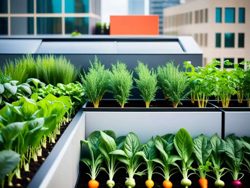 Vista impresionante de un huerto urbano moderno con manejo de aguas pluviales, repleto de vegetales y hierbas coloridas siendo regados