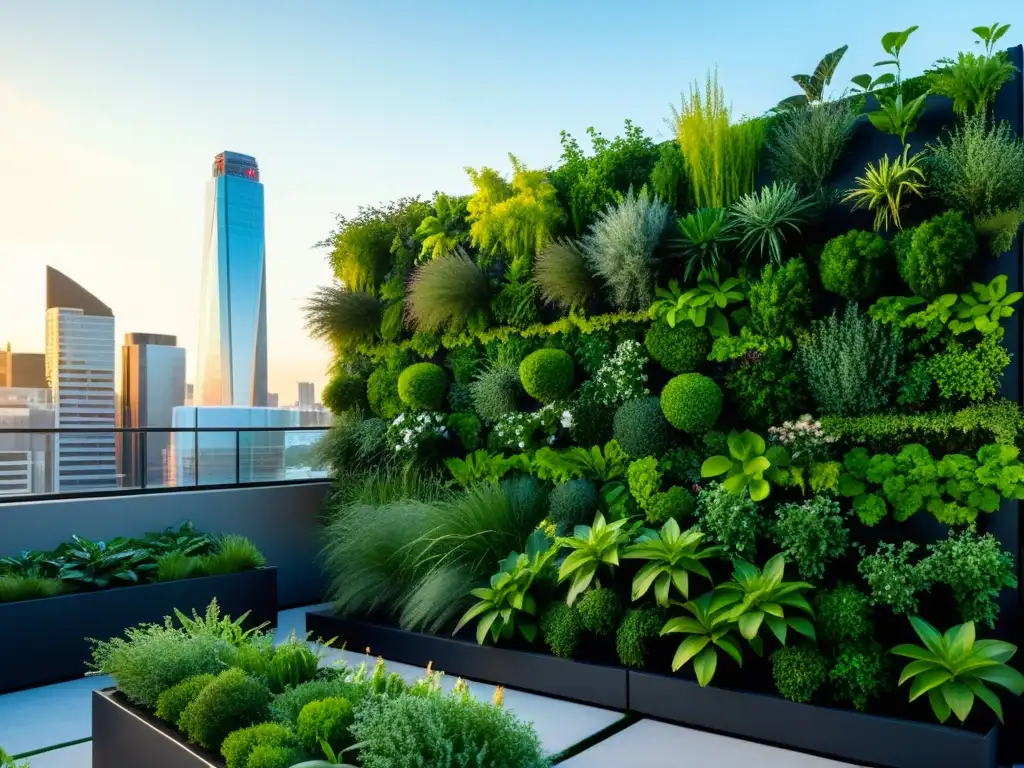 Vista impresionante de huerto vertical urbano con plantas vibrantes