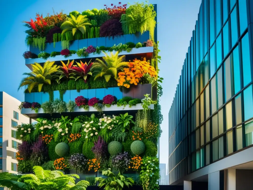 Vista impresionante de un huerto vertical en un paisaje urbano moderno, destacando la innovadora agricultura urbana