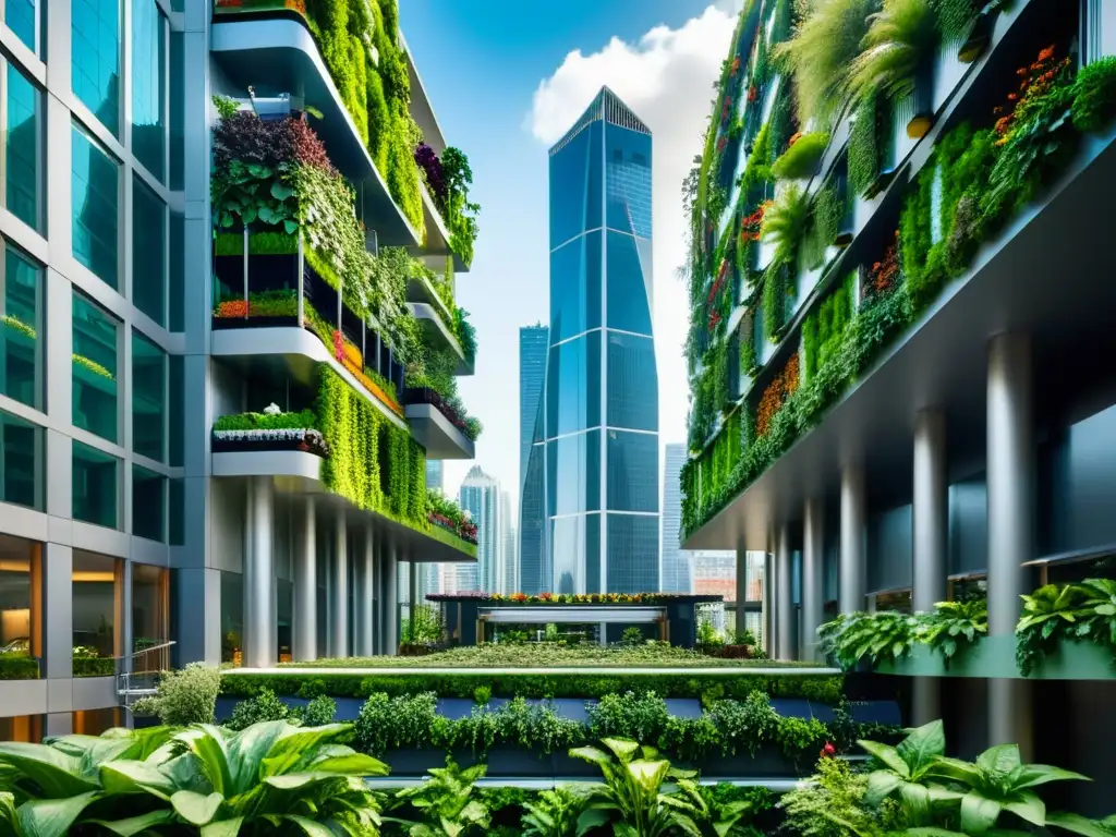 Vista impresionante de huertos urbanos integrados en rascacielos, combatiendo la contaminación visual con naturaleza exuberante