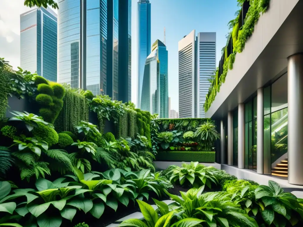 Vista impresionante de huertos verticales urbanos y rascacielos, integrando naturaleza y arquitectura en un paisaje moderno