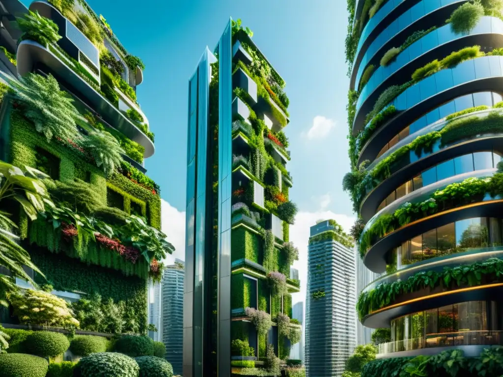 Vista impresionante de huertos verticales urbanos integrados en modernos rascacielos, creando una armoniosa fusión de naturaleza y arquitectura urbana